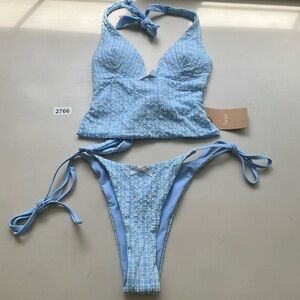 Samiol XL Blue Knitted Plaid Tankini Swimsuit New